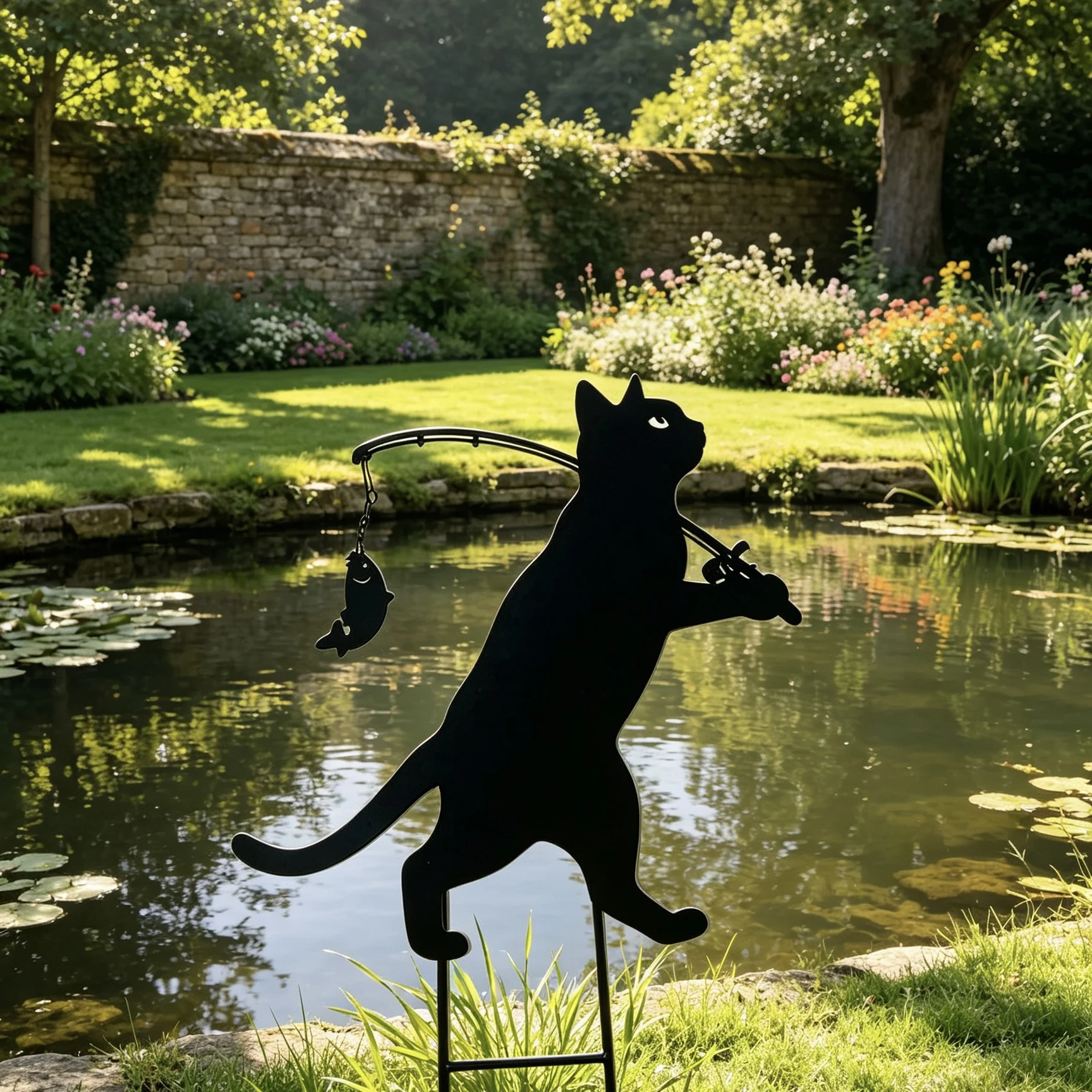 Black cat fishing iron art garden stake, silhouette shape vivid and playful. Lawn courtyard. Outdoor decoration.