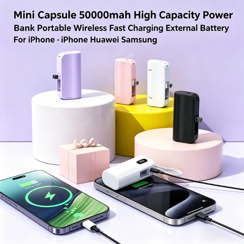 

Mini Capsule 50000mAh High Capacity Power Bank Portable Wireless Fast Charging External Battery For iPhone Huawei Samsung