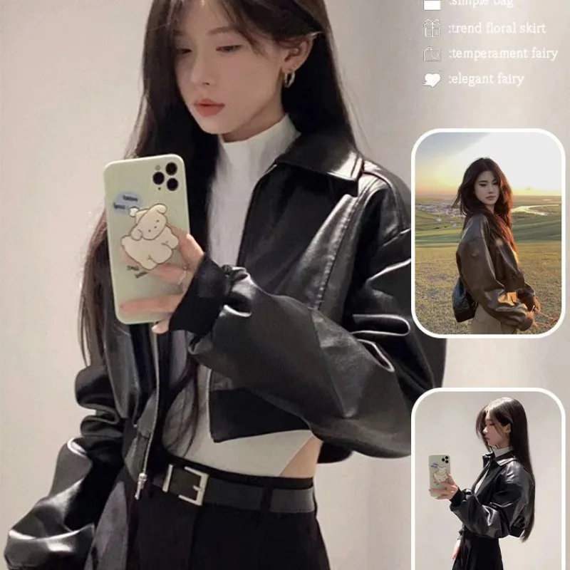 Hong Kong Style Retro Locomotive Short Leather Jacket Women's Early Spring New Short High-end Small Black Leather Jacket