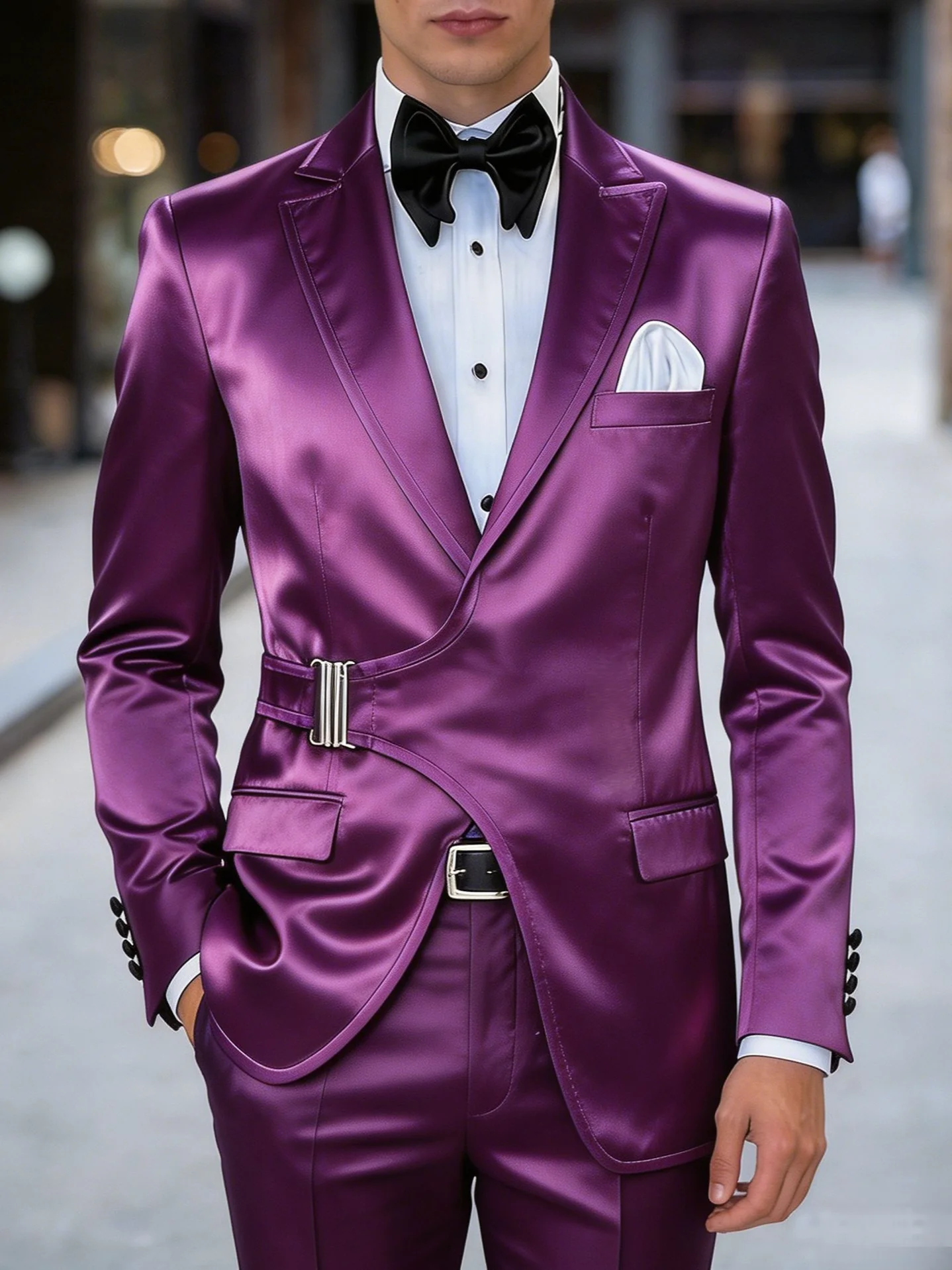 Mens Luxury Solid Blazer Jacket Slim Fit Casual Metal Buckle Belted Suit Coat Stylish Purple Satin One Button Sport Coat Tuxedo