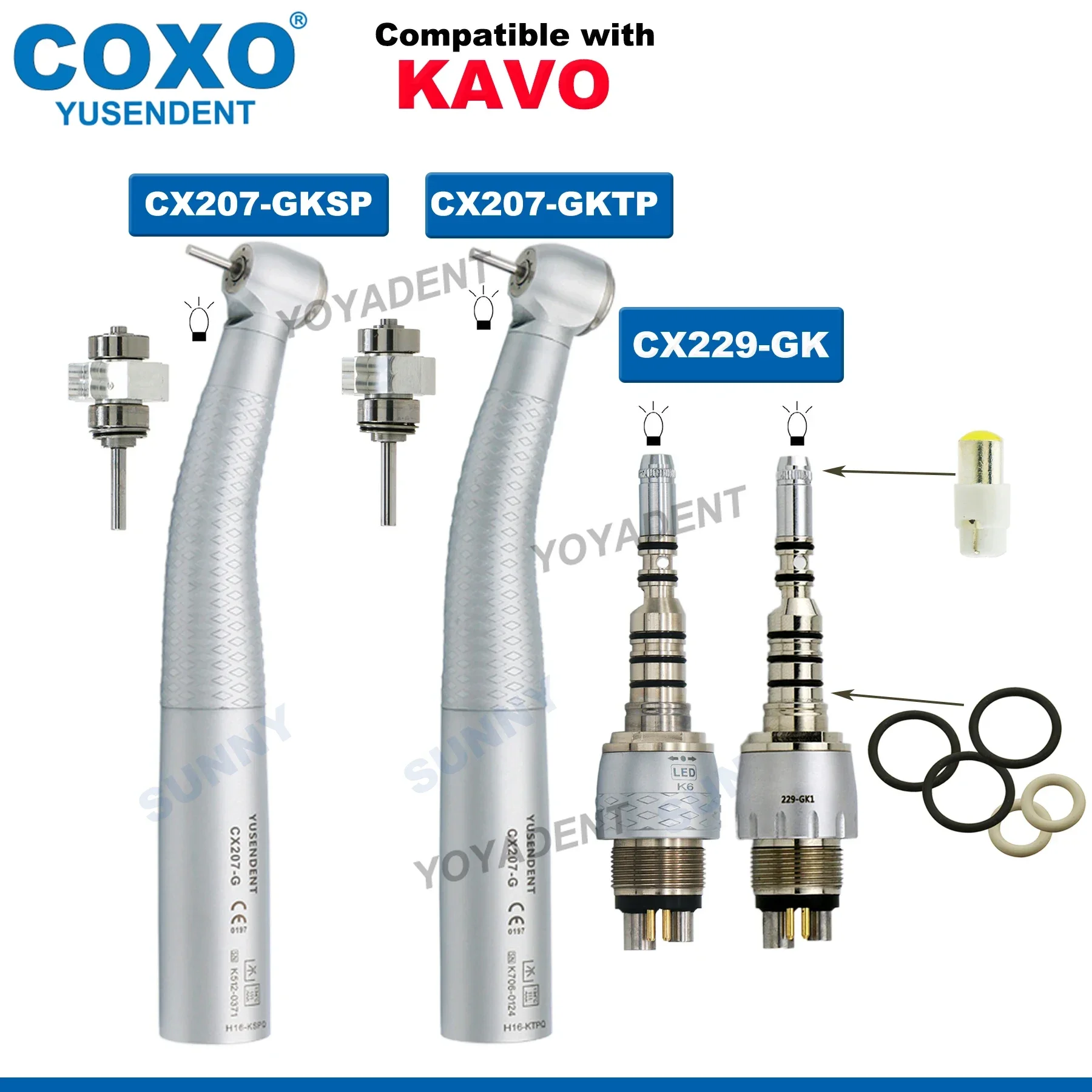 

COXO Dental Fiber Optic High Speed Handpiece Standard Torque Big Push Button Head LED Coupler 6 Pin Fit KAVO MULTIFLEX LUX