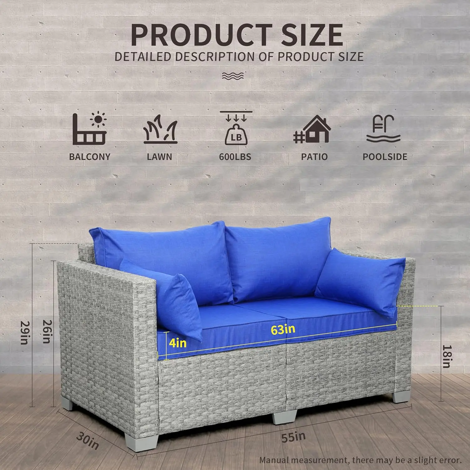 Patio Loveseat Outdoor Wicker Small Couch PE Rattan 2-Seater Furniture Sofa, Deep Patio Seating with Blue Cushion