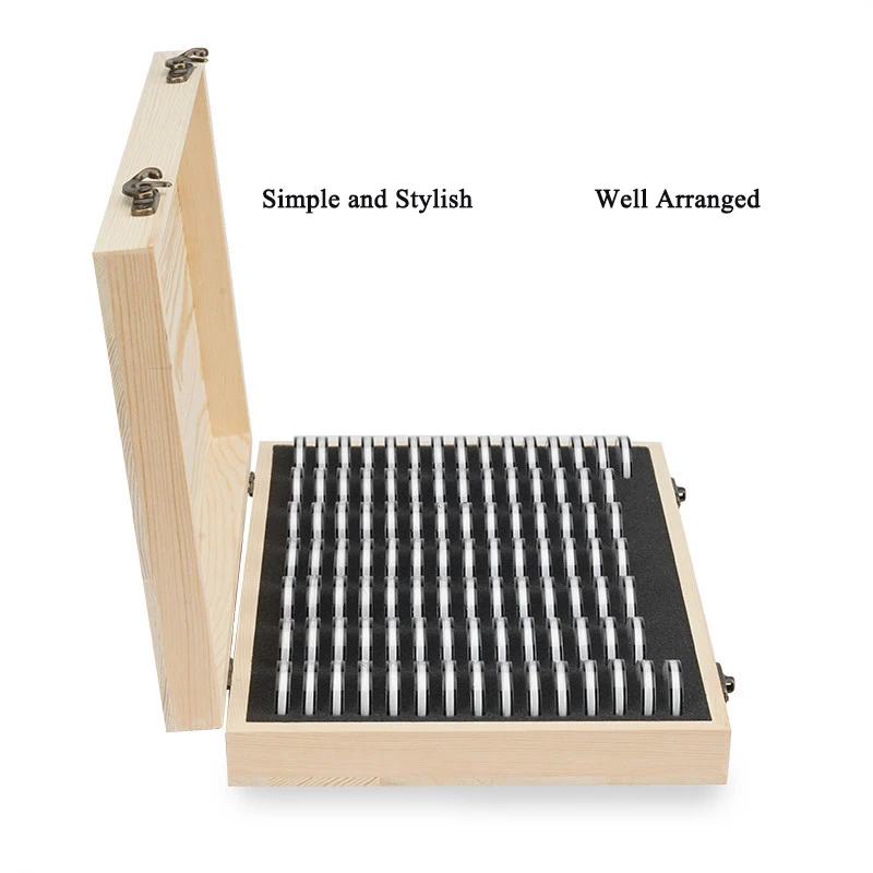 

100pcs Transparent Plastic Coin Case Organizer Coin Wooden Storage Box with Adjustable Inner Cushion Coins Collecting Supplies