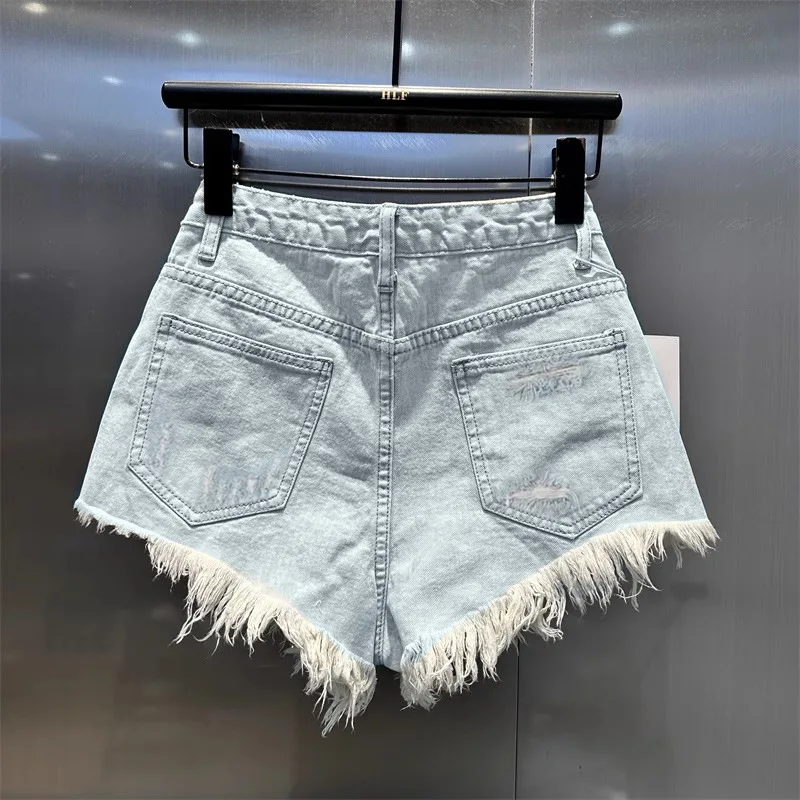 retro irregular old ripped denim shorts women's summer low waist design jeans hot pants sky blue