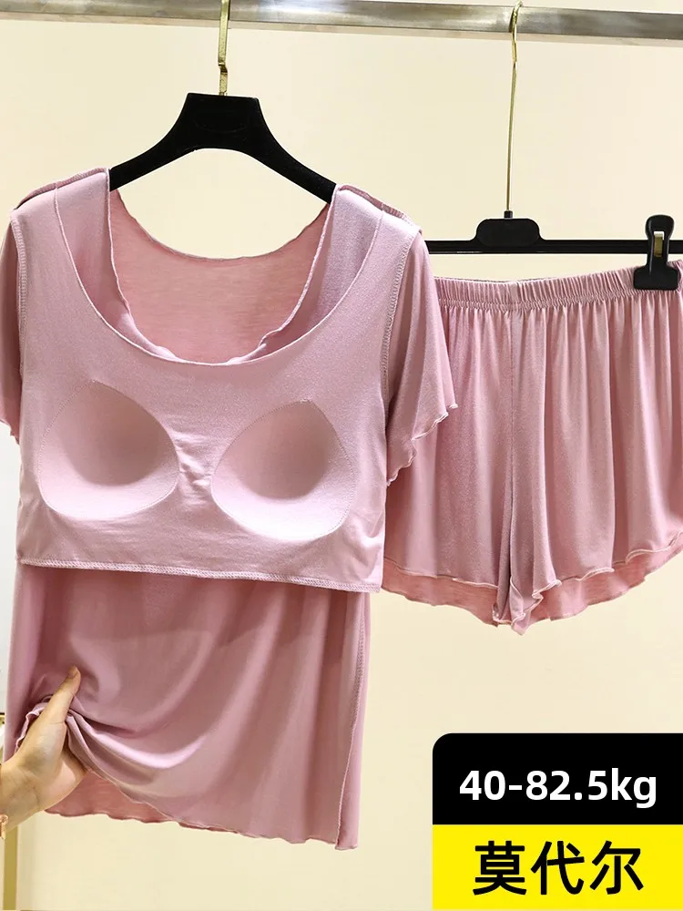 

Летняя тонкая ночная рубашка ort Sve из модала, женская домашняя одежда, повседневный комплект из двух предметов однотонного цвета больших размеров с накладкой на грудь