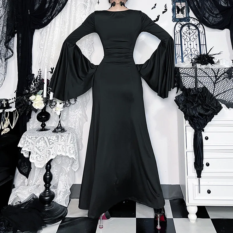 2025年ニューレトロハイウエストフレアスリーブレースカットアウトゴシックドレスY2Kハロウィンストリートパーティー美的クラブウェアマキシロングドレス
