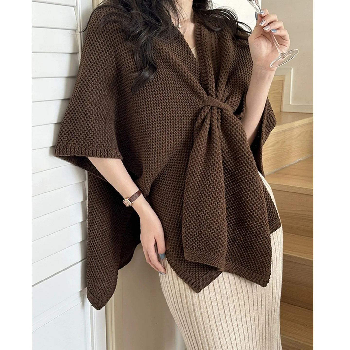 

Вязаная накидка, осенне-зимний женский теплый плащ с амферой, модный универсальный шарф кофейного цвета Lazy Faion