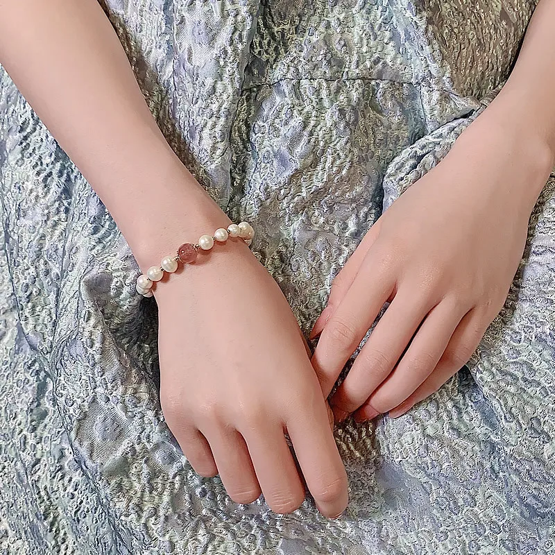 High Quality 100% Baroque Freshwater Pearl & Strawberry Quartz Female Bracelets Jewelry For Women Valentine\'s Day Gifts No Fade