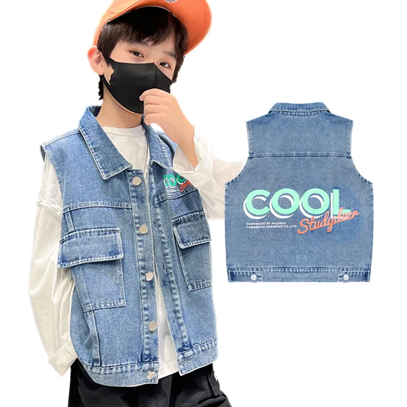 Cool Boys Fashion Denim Vest Letter Print Kids High Street Outerwear Kids Child New Spring Sleeveless Jacket Size 4 5 7 9 11 13