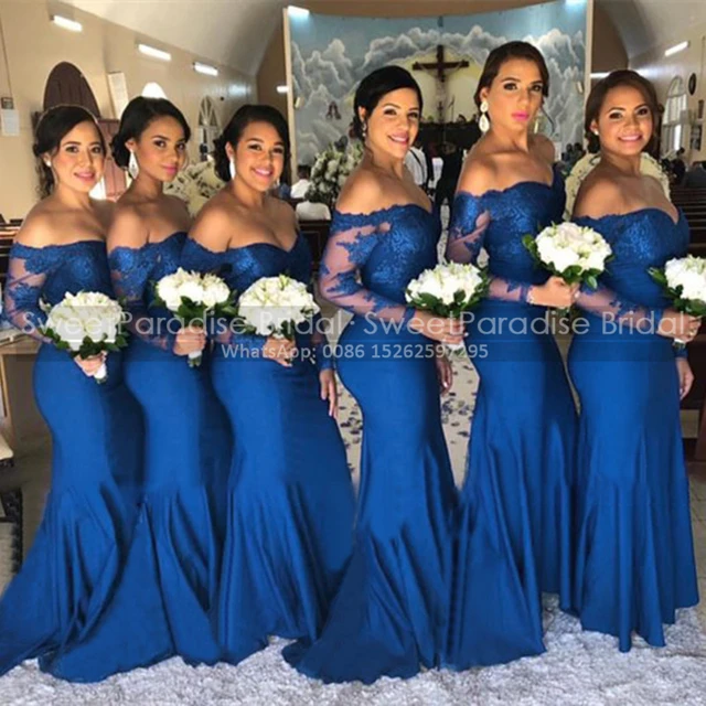 Royal Blue Lace Mermaid Bridesmaid Dresses With Appliques Customized Sheer Long Sleeves Off Shoulder Trumpet Party Dress AliExpress