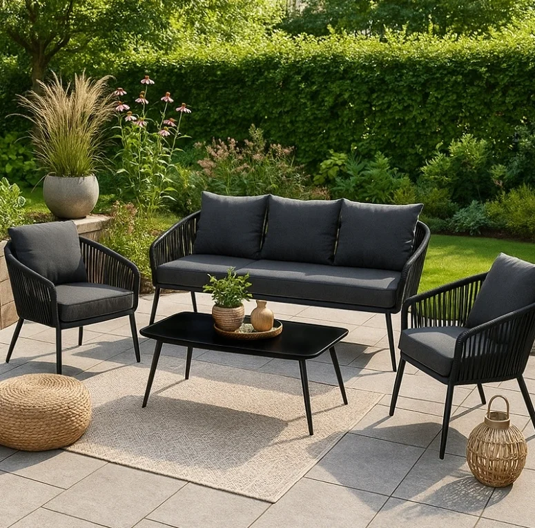 

# New Arrival 5 SEATER GARDEN FURNITURE SET BLACK ARMCHAIRS SOFA + TABLE