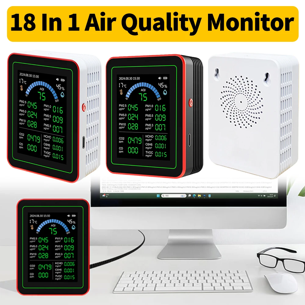 Smart Life 18 In 1 Indoor Real-Time Air Detector Detect 6AQI HCHO PM2.5 PM10 CO2 Portable Air Quality Monitor for Home Cars