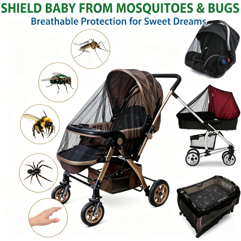 Stroller Mosquito Net, Full Coverage Dense Mesh for Insect Protection, Polyester Outdoor Baby Stroller Gear Stroller Accessories