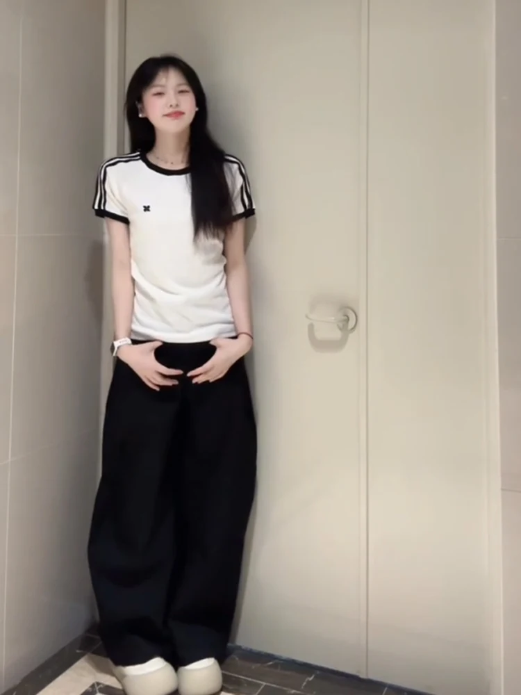 American Retro Color Blo oulder Stripe ort Sve T irt Women Summer Spicy Design Casual ort Top Cotton Polyester B...