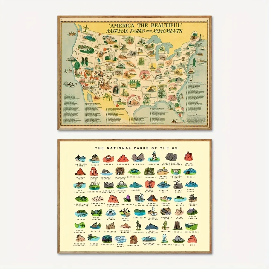 Vintage National Parks and Monuments Map Art Prints Posters USA 50 States Symbols Canvas Painting Living Room Office Wall Decor