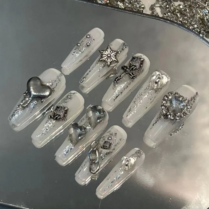 Y2K Punk Style Handmade Long Coffin False Nail Tips Rhinestone Press On Nails Art Reusable Short Fake Nail With Glue Custom Gift