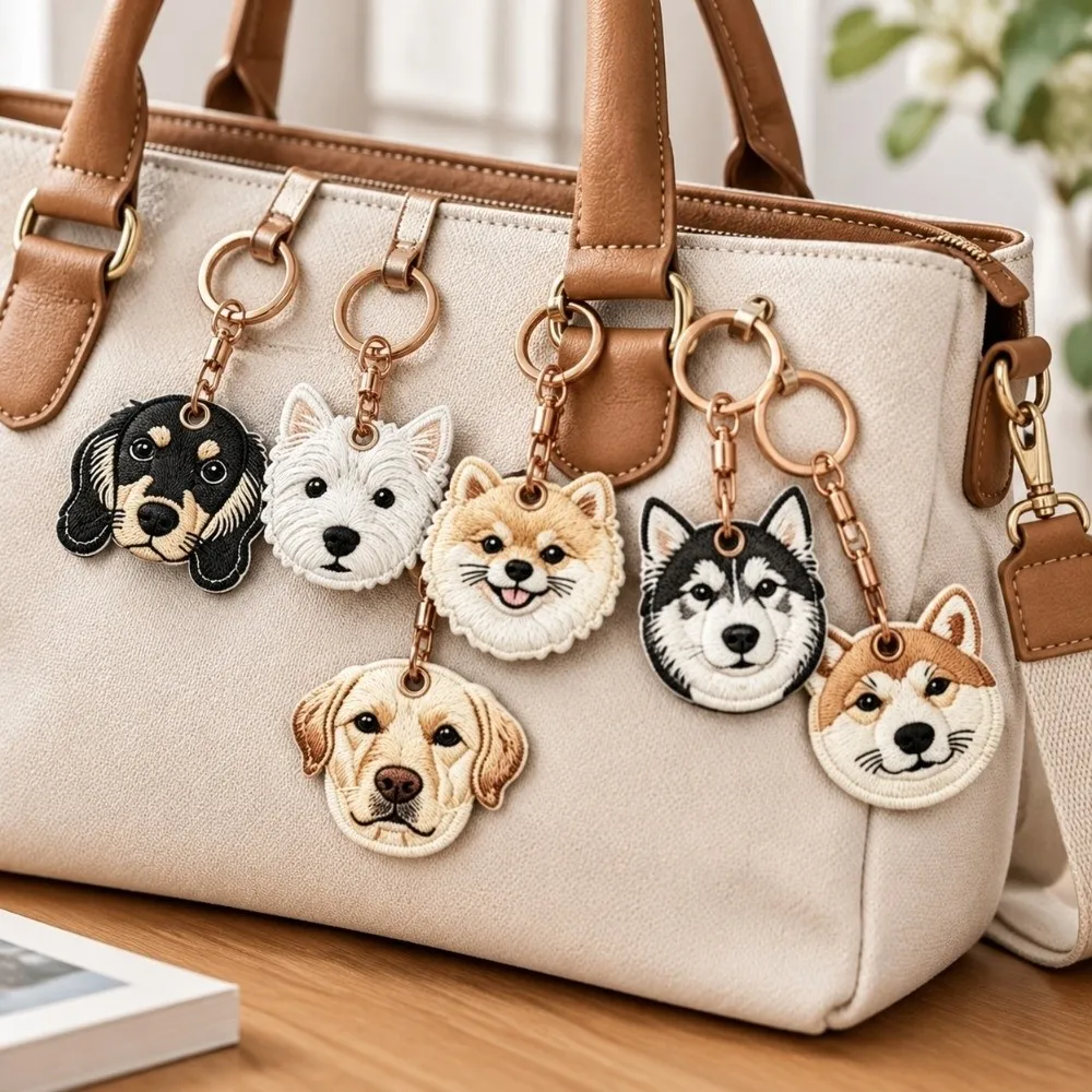 Corgi Husky PU Dog Keychain Imitation Embroidery Hanging Ornament Puppy Pendant Decorations Cat Bear Rabbit Bag Charms Gift
