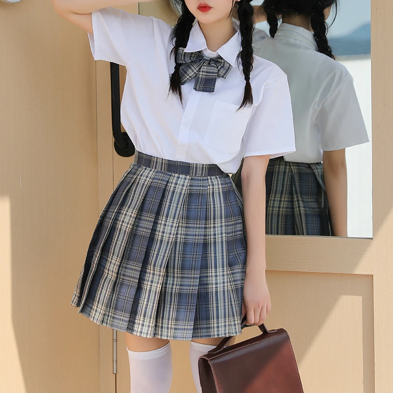 3Pcs Japanese Style Women School Uniforms Sailor College V-Neck Teen Girls Jk Uniform Student Cosplay Top+Pleated Skirt+Bow