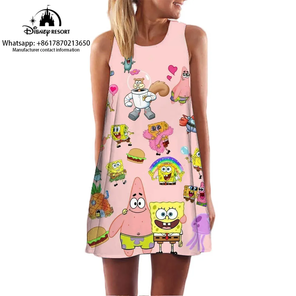 Sleeveless round neck dress Spongebob cartoon pattern print dress summer comfortable casual dress 2024 summer new style