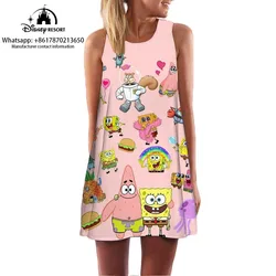 Sleeveless round neck dress Spongebob cartoon pattern print dress summer comfortable casual dress 2024 summer new style