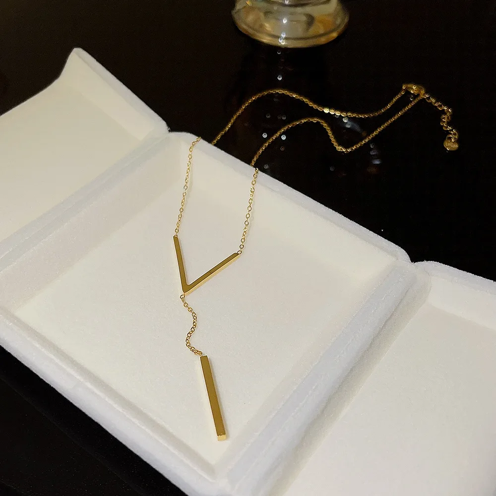 V Shape Stick Pendant Necklace for Women Ladies Dainty Long Chain Necklace Party Jewelry image 4