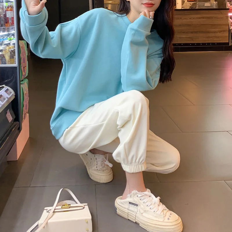 2023 New Spring and Autumn Korean Edition Fashion Simple Round Neck Loose Casual Small Split Slouchy Versatile Women's Sweater