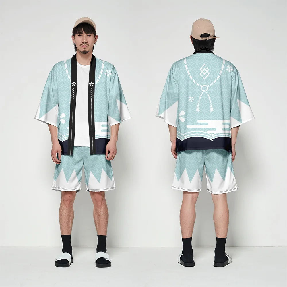 Novelty Two-piece Suit Japanese Cardigan Men Cosplay Flower Print Yukata Red Kimono Shorts Sets Patchwork Asian Traditional