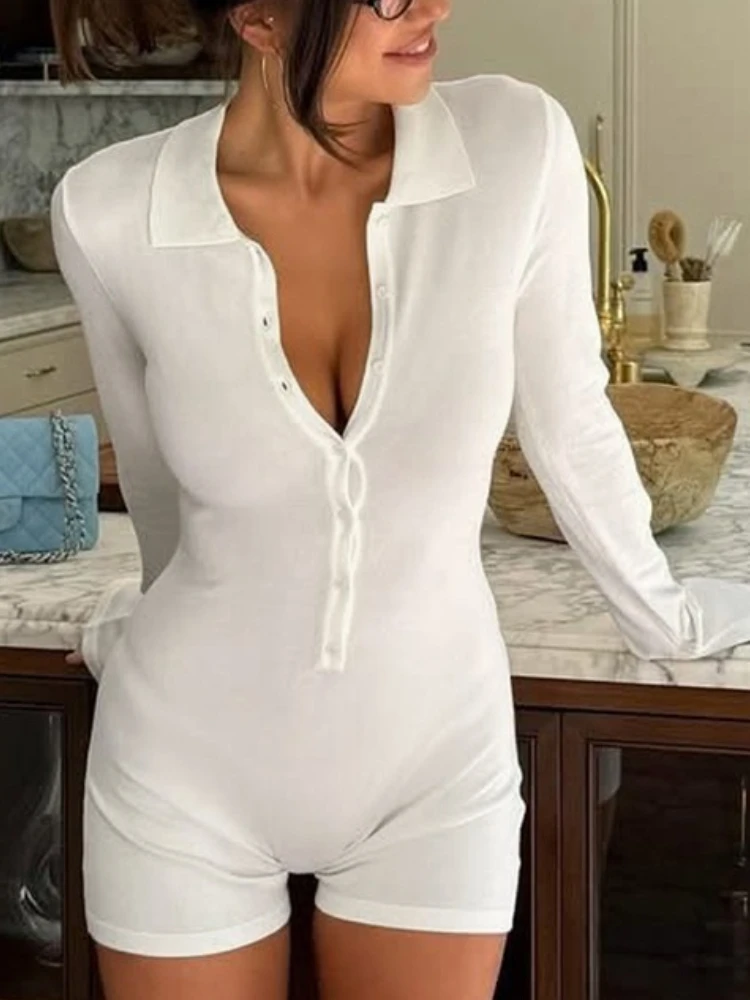 

Tossy White Turndown Collar Skinny Shorts Jumpsuit For Women Casual Long Sleeves Bodysuit High-Waist Bodycon Playsuit Rompers