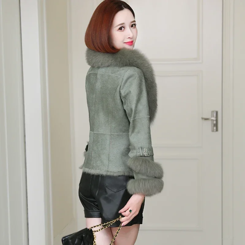 Real Fox Fur Collar Female Jacket Autumn Winter Rex Rabbit Fur Women's Coats Slim Vintage Women's Clothing Abrigo Mujer Zjt1689