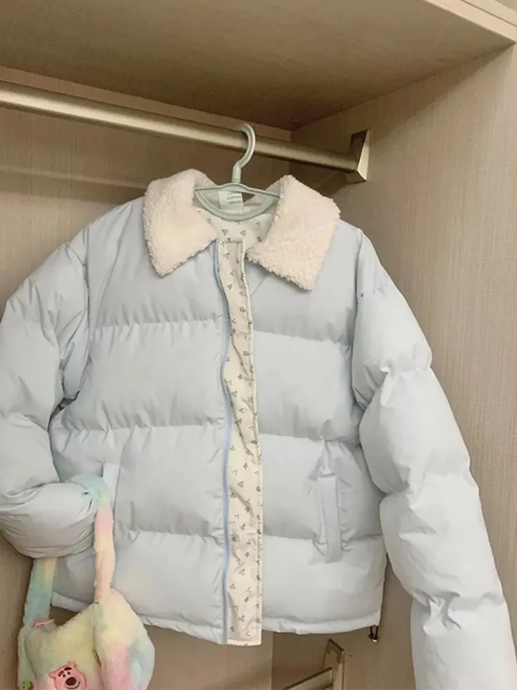 Zoki الأزرق الأزهار المرقعة سترات المرأة الكورية الحلو شتاء دافئ منتفخ معطف عادية كم طويل فضفاض نمط Preppy سترة قطن