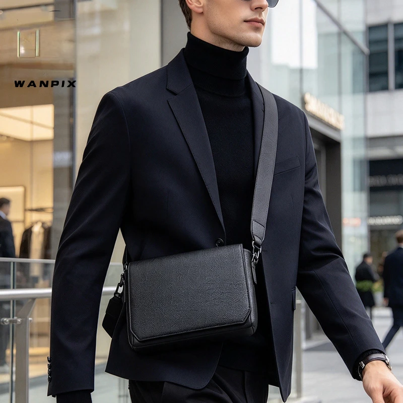 New Men's genuine leather shoulder crossbody bag for business commuting, retro black top layer cowhide flap square bag