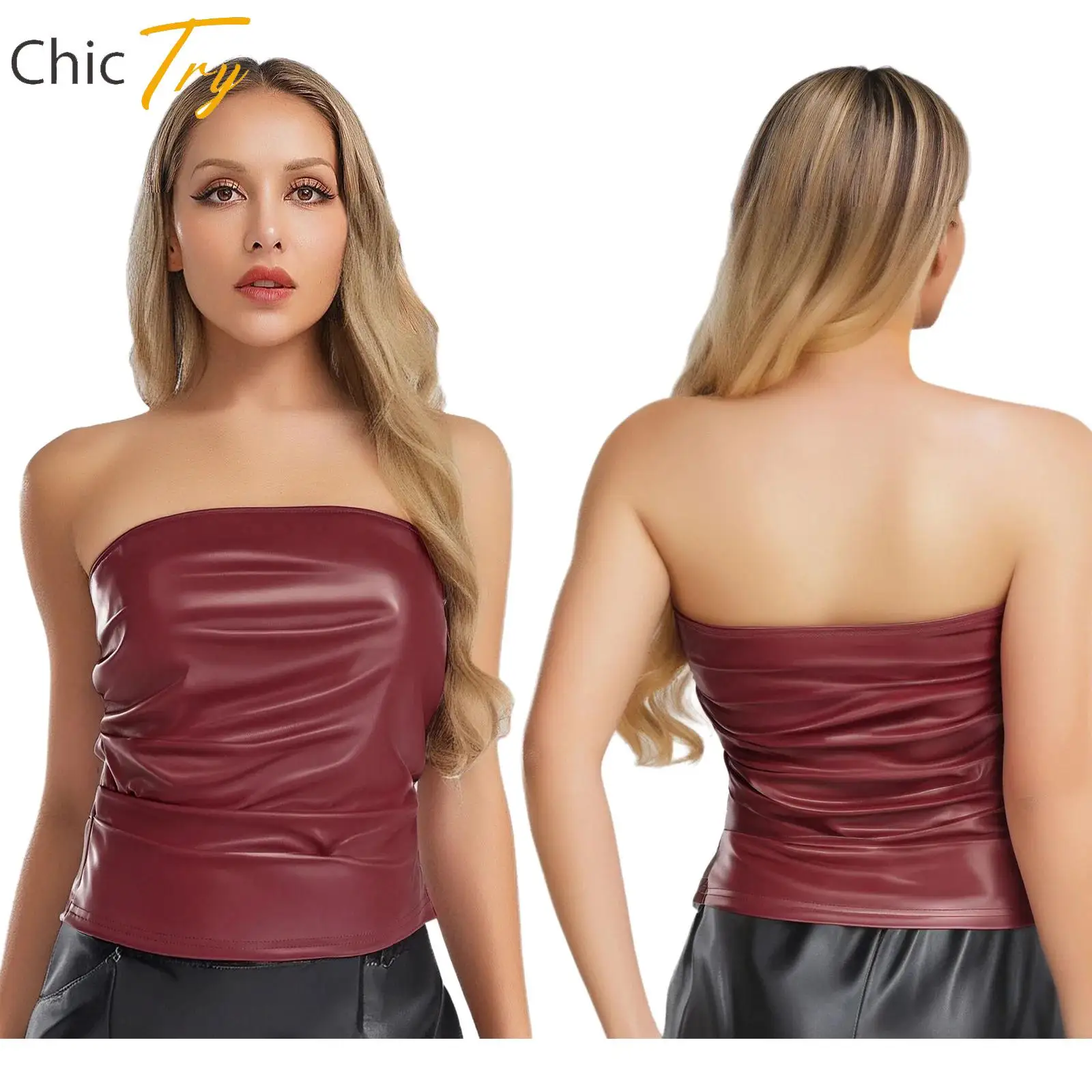 

2025 Womens Sexy Faux Leather Tube Tops Strapless Ruched Corset Crop Tops Bandeau Fashion Top for Street Casual Party Club Wear