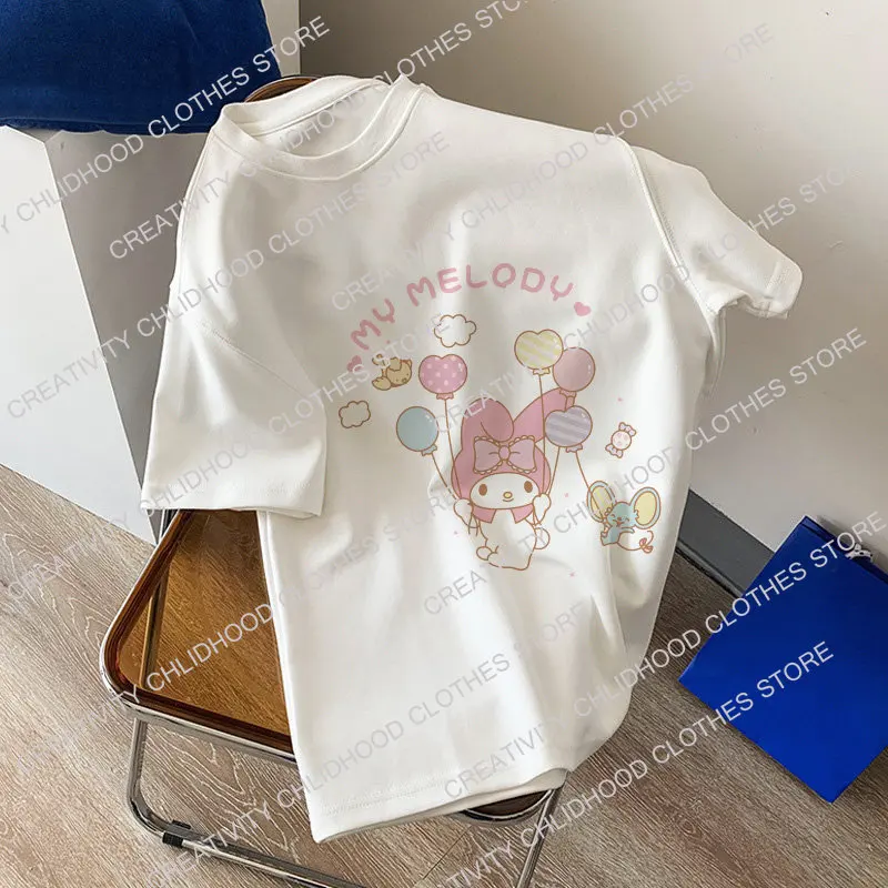 Melody Kuromi Cotton T-shirt Anime Sanrio Women T Shirts Kawaii Cartoons Casual Clothes Fashion Unisex Streetwear Oversized Tops