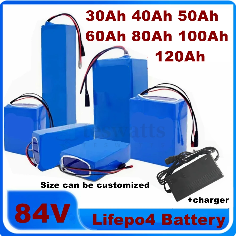 84V LiFePo4 lithium battery 40Ah 50Ah 60AH 100Ah 80Ah lifepo4 battery 28S BMS for inverter EV motorcycle + charger