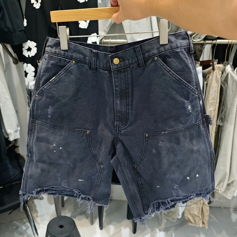 

Mens Saint Distressed Denim Shorts Splashed Ink Wash Multi Pocket Loose Casual Streetwear Shorts