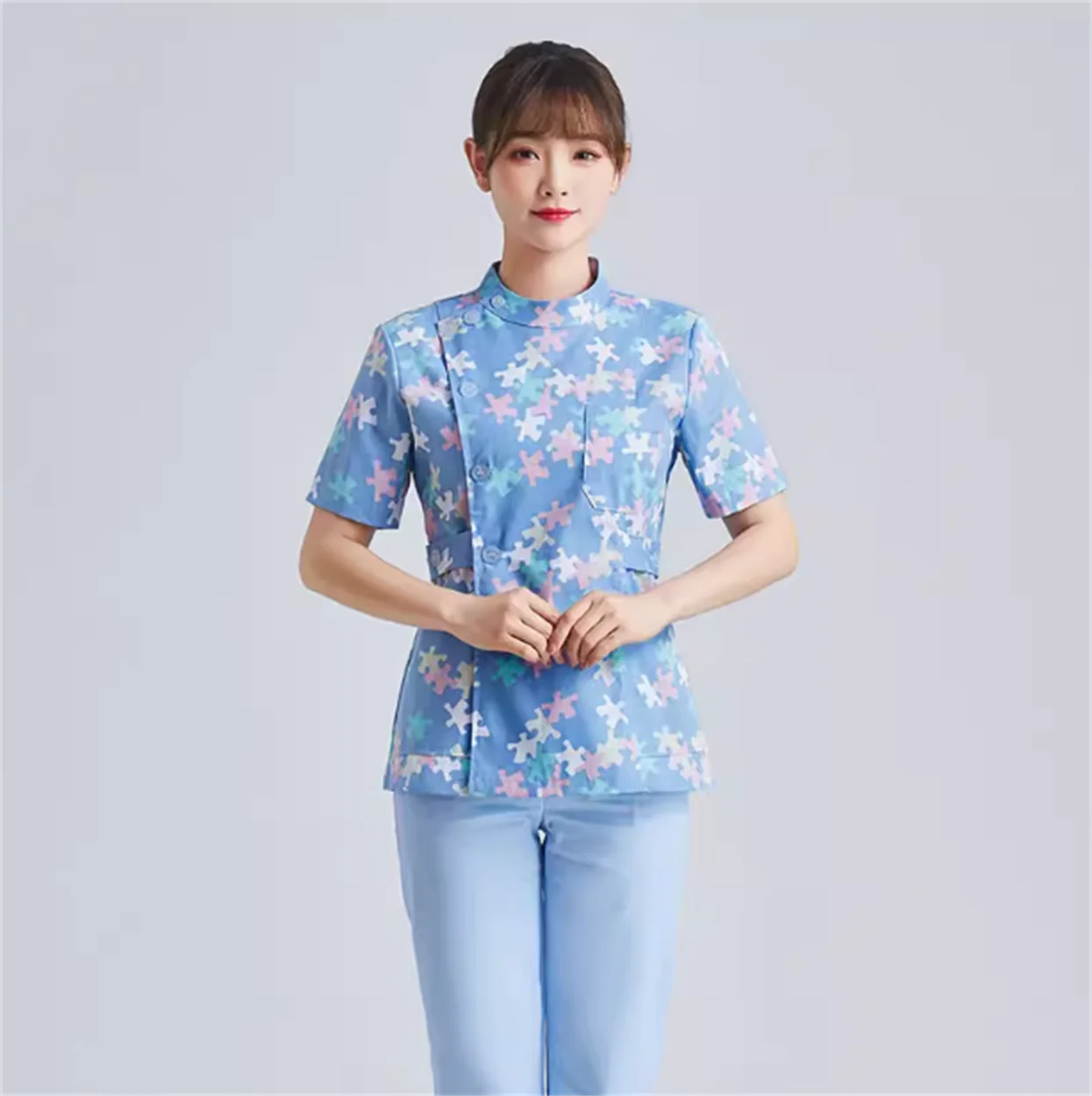 

Floral nurse uniform short sleeved women's summer