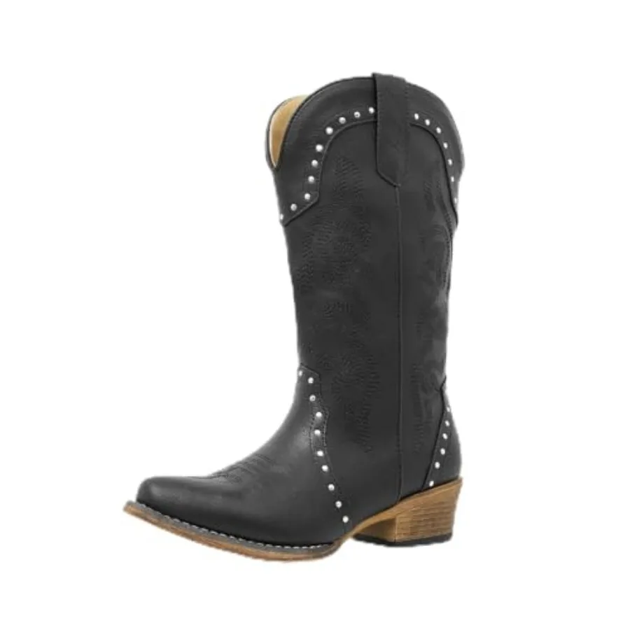 

Cowboy Boots For Women Rivet Vintage Elements Mid-Calf Cowgirl Boots Snip Toe Chunky Heel Embroidery Stitched Western Boots