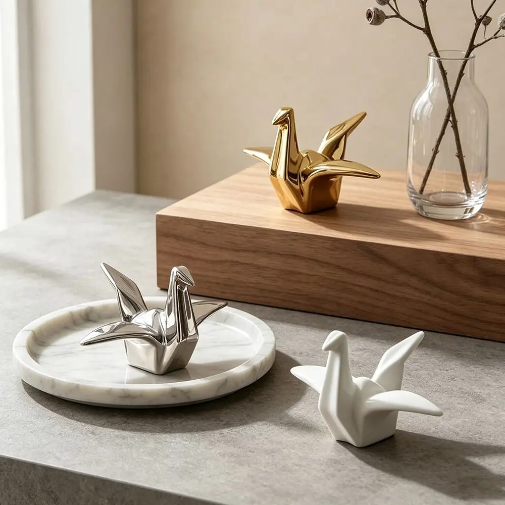 Ceramic Material Ceramic Crane Figurine Geometric Design Gold Accent Origami Bird Statue Porcelain Craft Modern Style