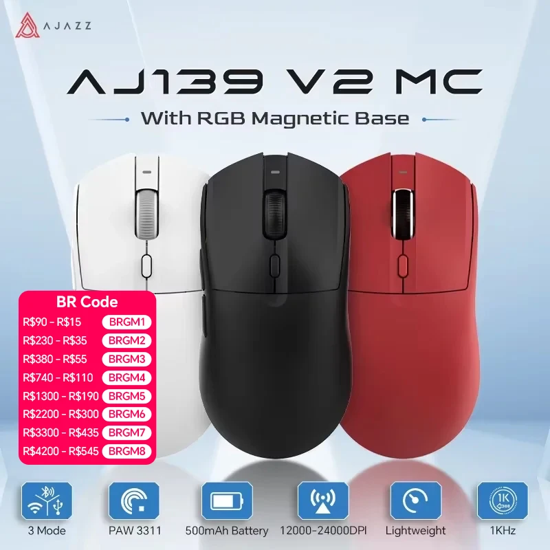 AJAZZ AJ139 V2 MC PAW3311 Kabellose Gaming-Maus mit magnetischer RGB-Ladestation, 24000 DPI, Bluetooth/kabelgebundene Mäuse, PC-Gamer