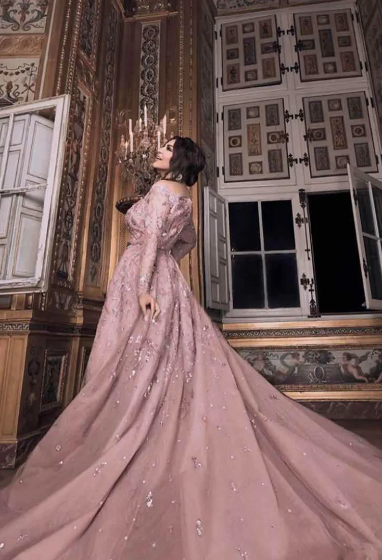 Hot Sale Pink Off The Shoulder Long Sleeves فساتين السهرة vestidos de fiesta  فساتين سهره evening dresses فستان العيد 2024