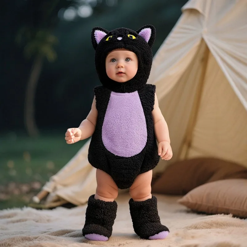 Newborn Baby Black Purple Cat Romper Hooded Bodysuit Sleeveless Jumpsuit Onesie Toddler Warm Plush Winter Playsuit