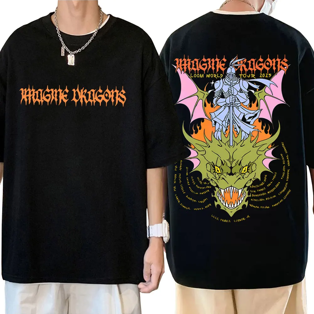 

Imagine Dragons Loom World Tour 2025 Tshirt Men Women Fashion Oversized Streetwear Rock Band Cartoon Dragon Short Sleeve T-shirt