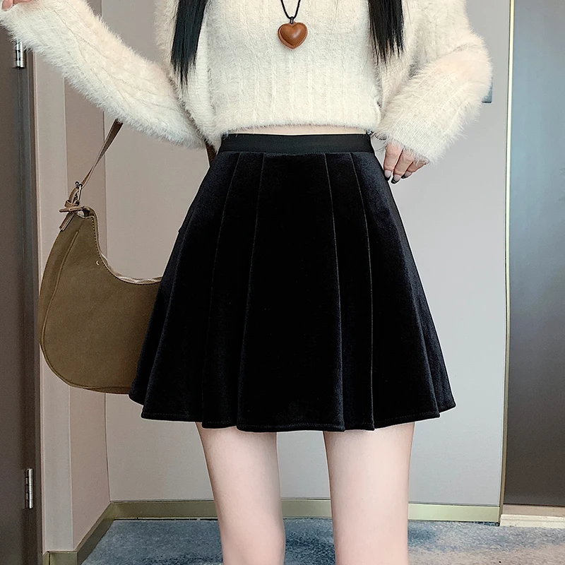 Fashion Streetwear Winter Mini Skirt Women Vintage Black Golden Velvet Pleated Skirts With Shorts A-Line Cute Skater Jupe Femme