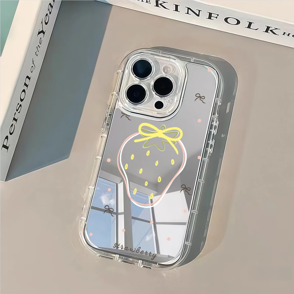 Simple Strawberry Bow Air Cushion Mirror Phone Case For iPhone 17 13 12 11 Pro Max 14 15 16 Pro 7 8 Plus XR XS 17Air TPU Cover