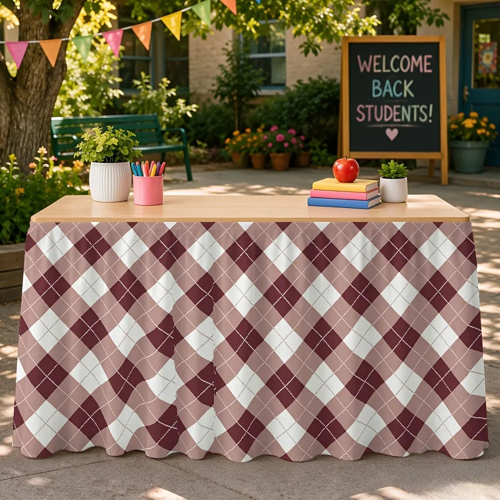 A table skirt with a Halloween theme, featuring a wine-red and white checkered pattern.xzj