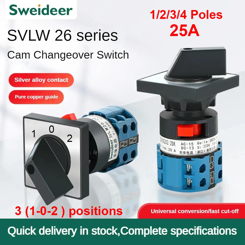 

LW26-25 Series Changeover Cam Switch 25A 690V Silver Contact 1/2/3/4poles 3 Positions Rotary Selector Universal Switch