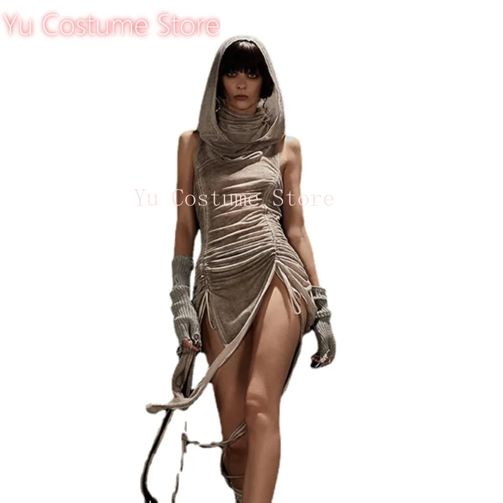 

Vintage Summer High Slit Hood Dress Waist Shirred Women Sleeveless Sexy Ruched Mini Sheath Dress Boho Holiday Robe For Lady 2025