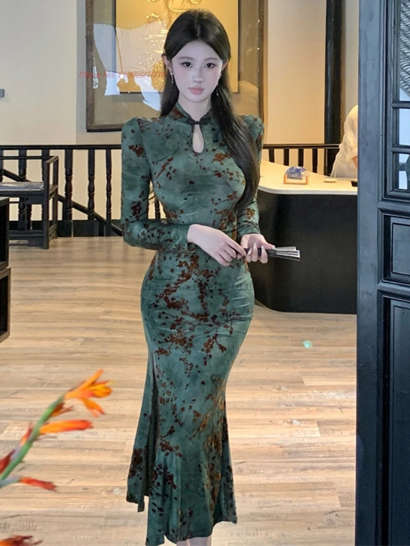 

2025 chinese sexy qipao velvet cheongsam national flower print evening dress traditional nightclub qipao folk dress vestido
