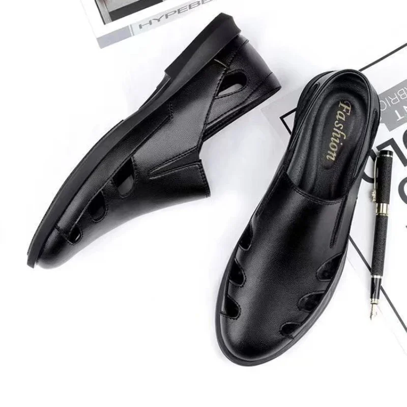 

Пляжные мужские сандалии с закрытым носком на плоской подошве из натуральной кожи, номер 41, 39, дышащая новая модная летняя обувь босиком по низкой цене для мужчин