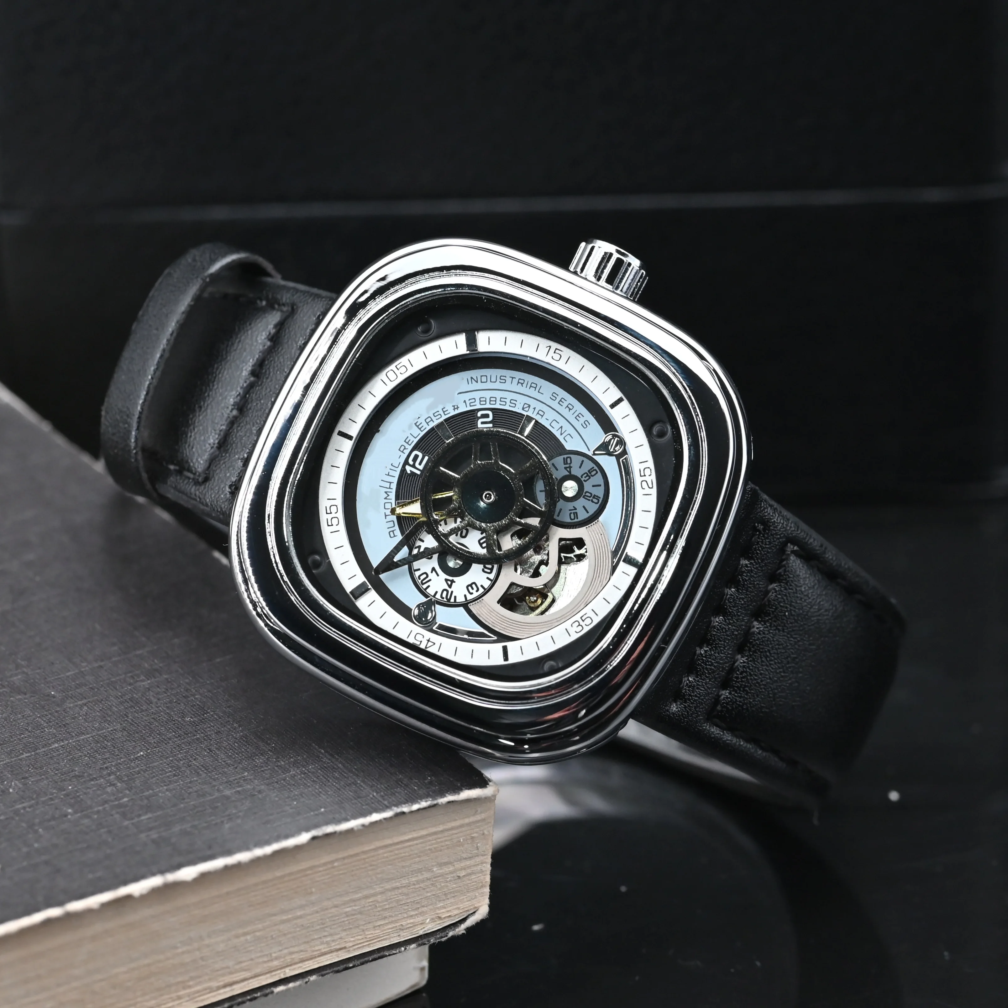 

Black silicone watch strap 2026 Men's Square Black Automatic Skeleton Watch with Green Indexes & Rubber Strap